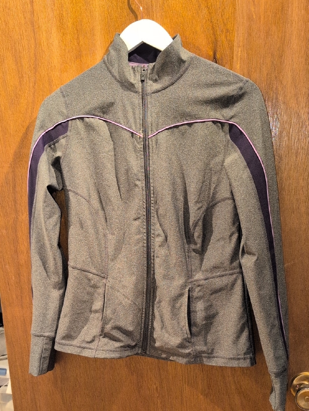 Gray Workout Jacket with Purple Trim
